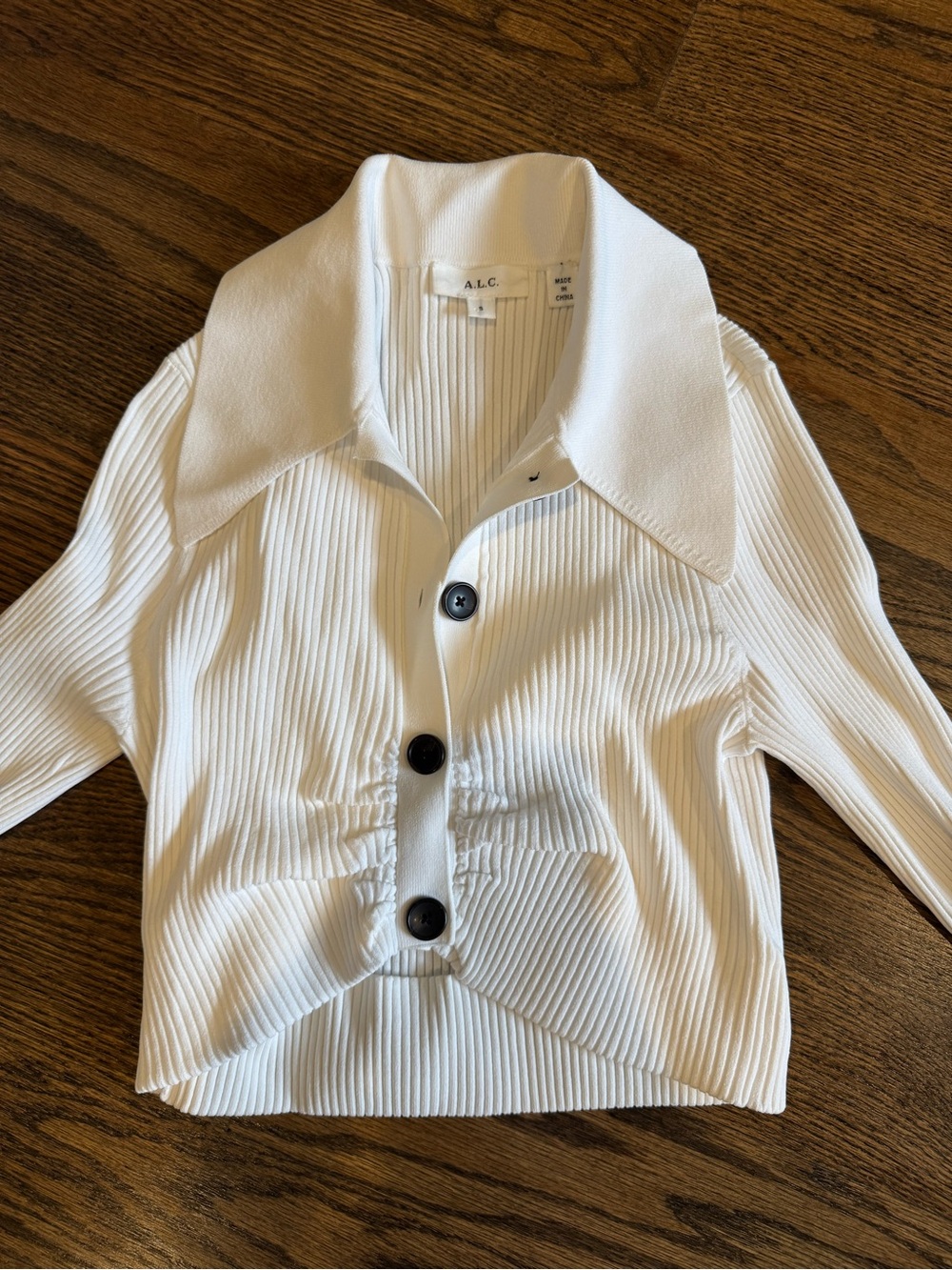 A.L.C. White Ribbed Button-Down Top with Gathered Waist